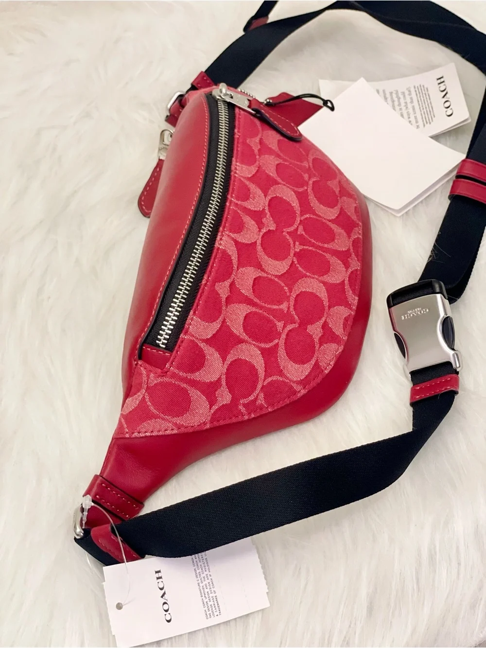 NWT Coach Warren Mini Signature Denim & Leather Belt Bag CAJ43 Ruby Red